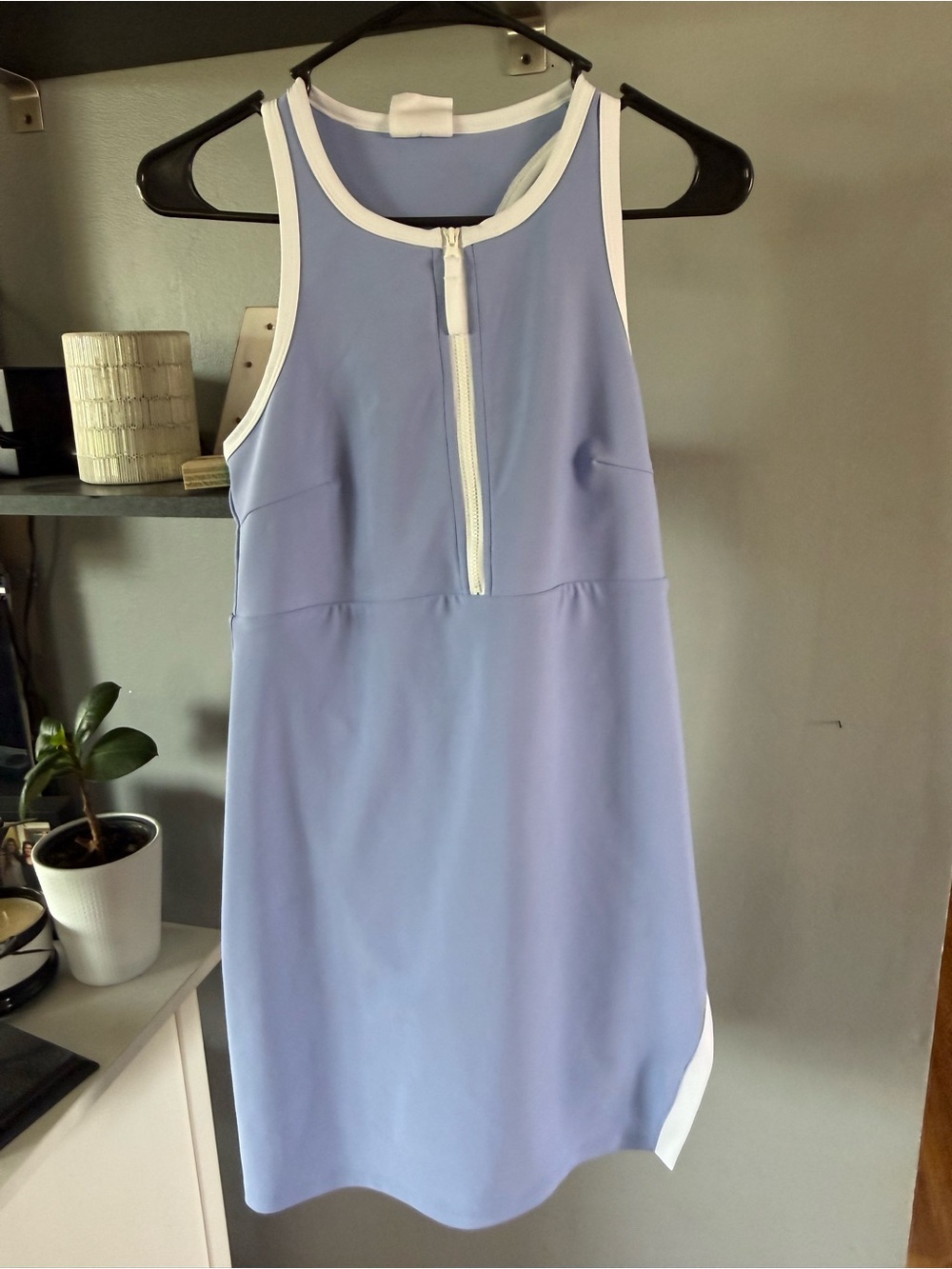 Sage Lavender Sleeveless Zip-Front Mini Dress with White Trim